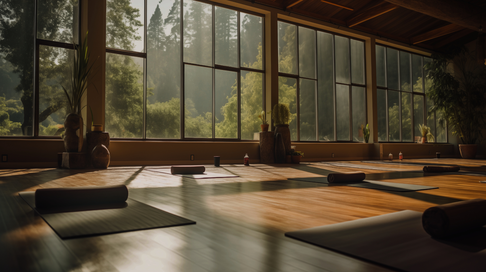 Sunlit yoga studio with mats arranged on a wooden floor