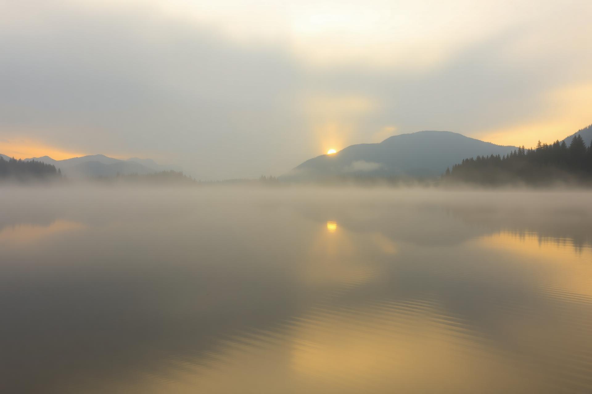 Misty lake at sunrise with golden light rippling across still water
